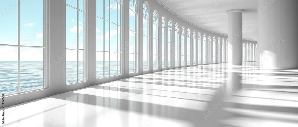 Obraz premium Bright, white hall with arch windows showing the ocean. Reflections and pillar are highlights