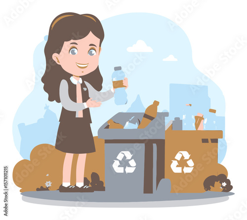 Charming Cartoon Character Recycling Plastic Bottle in Urban Setting