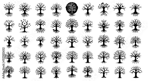 Diverse tree silhouette collection showcases various arboreal shapes, symbolizing nature's artistry and organic patterns for design and ecological concepts.