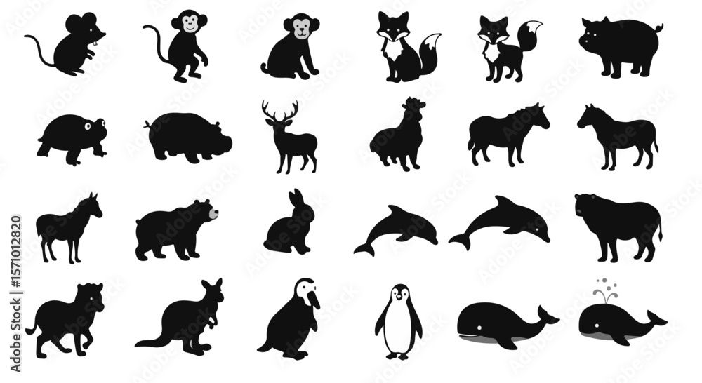 Obraz premium Collection of animal silhouettes features diverse wildlife like foxes, bears, monkeys, and marine animals in black and white