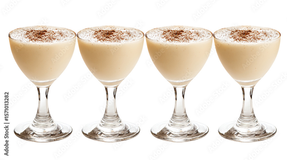Four glasses of creamy eggnog isolated on white background Four glasses of creamy eggnog isolated on white background