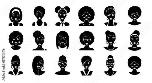 Diverse women silhouettes display black hair styles and fashion accessories in a graphic collection, representing style and elegance.