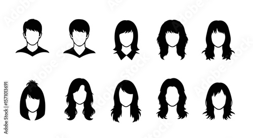 Diverse faceless avatars showcase different hairstyles in a vector graphic illustration for visual identity design and style options, silhouette