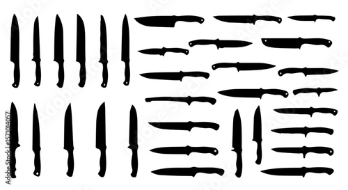 An arrangement of dark knife silhouettes with varied blade shapes presents cutting edges and sharp points in a stark design.