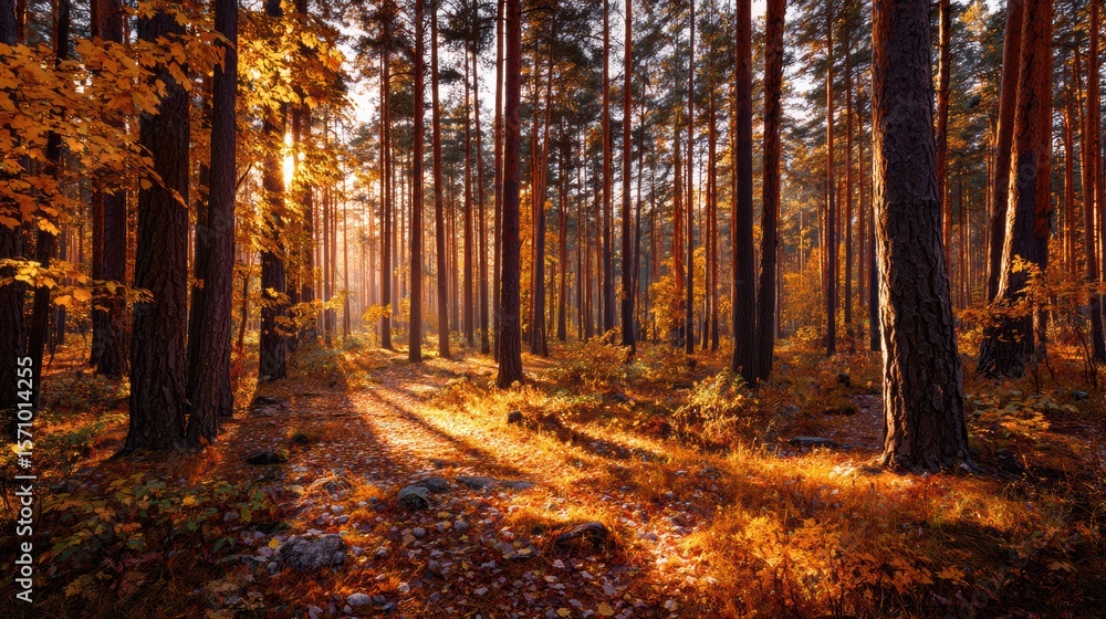 Fototapeta premium Autumn pine forest with vibrant golden and red leaves scattered