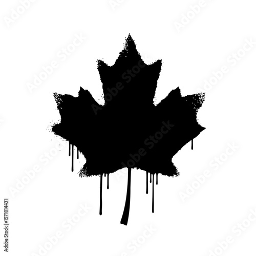 Black maple leaf with dripping paint on a clean white background