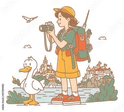 Young Woman with Camera and Duck in Colorful Vector Illustration Scene
