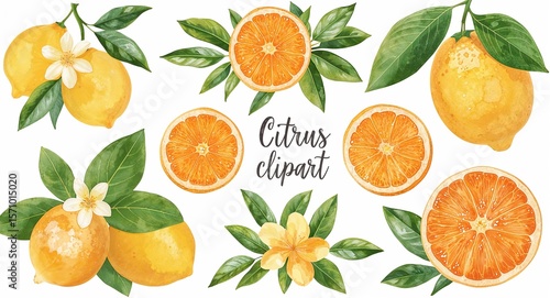 Watercolor citrus fruit composition featuring lemons oranges leaves and blossoms on a white background