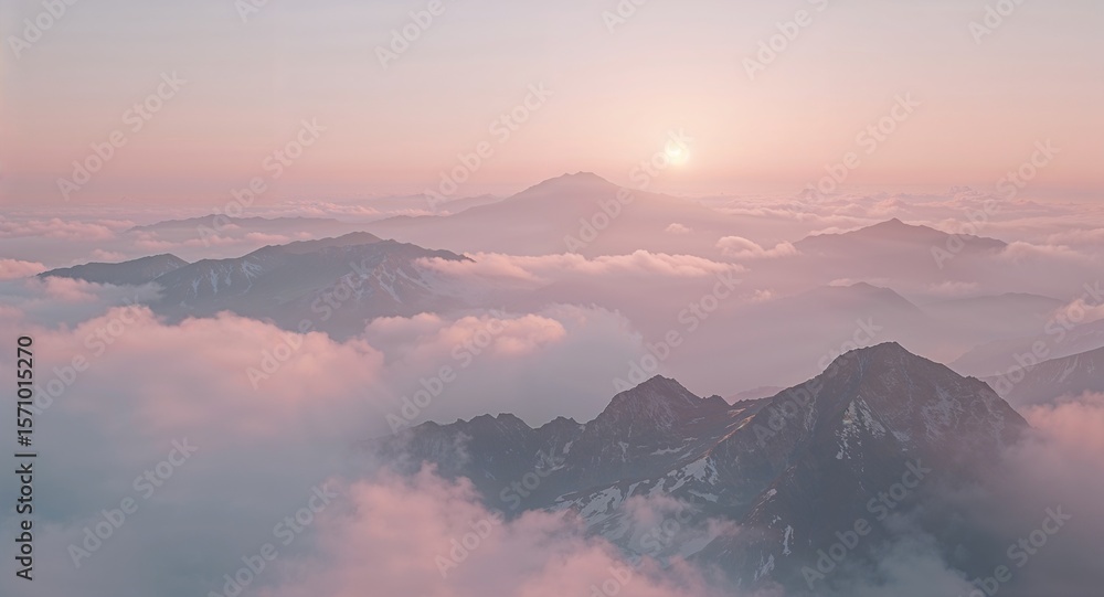 Fototapeta premium Aerial view of mountain peaks emerging from a sea of clouds under a soft pink sunrise sky above the horizon