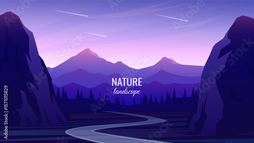 Road running between steep cliffs. Silhouettes of mountain ranges and hills in the distance. Night sky, twilight. Concept of travel, tourism. Vector illustration.