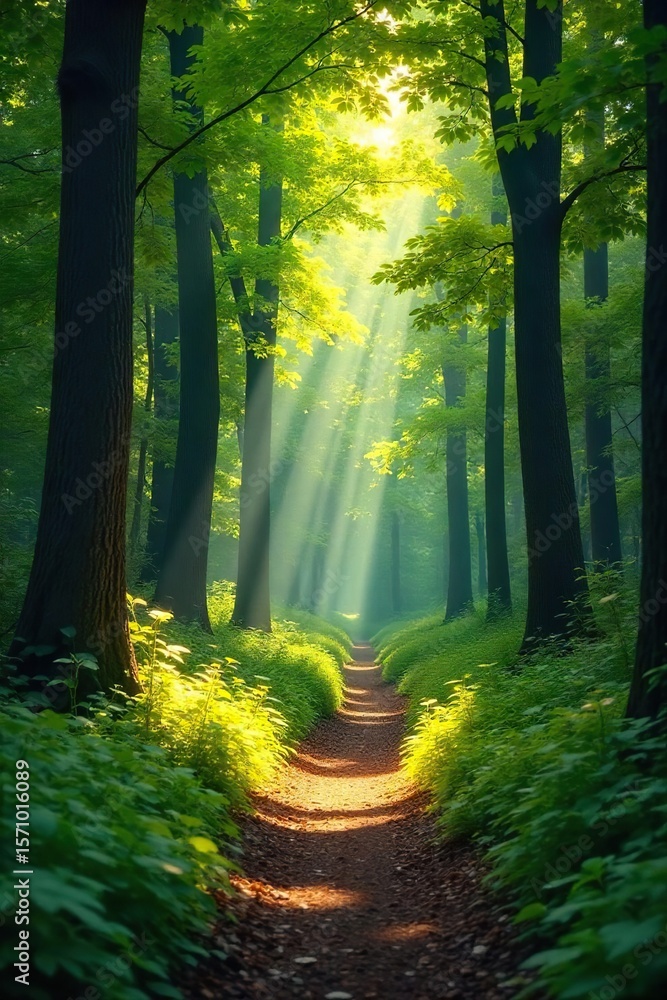 Obraz premium Tranquil Sun-Dappled Forest Path Winding through Lush Green Canopy, Perfect for Relaxation and Nature Photography