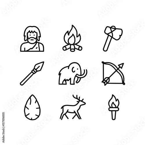 Prehistoric caveman era icons. Outline symbols. Line design