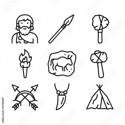 Stone age vector pictograms. Outline symbols. Line design