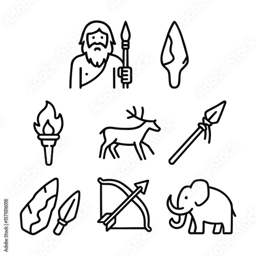Palaeolithic vector icon symbols. Outline symbols. Line design