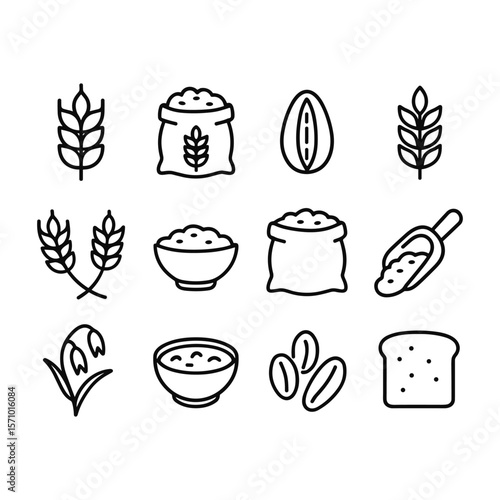 Organic grain nutrition icons. Outline symbols. Line design