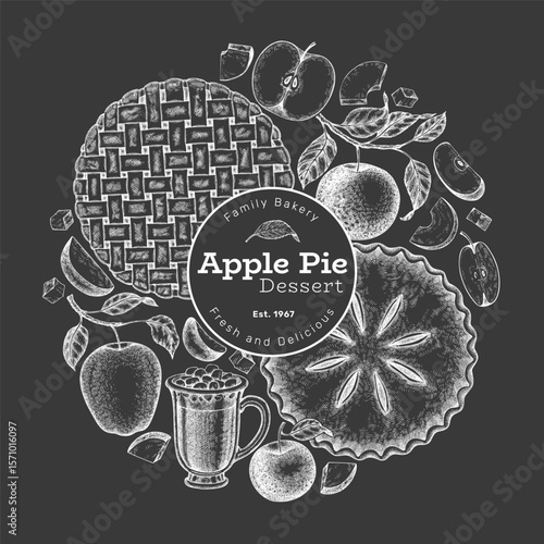 Hand Drawn Vector Apple Pie Illustration. Not AI Generated. Autumn Seasonal Chalk Board Background. Fall Season Cozy Mood Banner. Vintage Harvest Design Template.