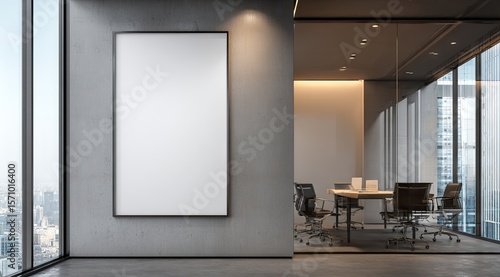 Modern office with large blank vertical poster on exposed concrete wall, glass-walled meeting room, city view