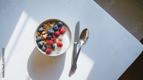 Healthy breakfast flat lay with yogurt, fruits, granola on white table, bright light