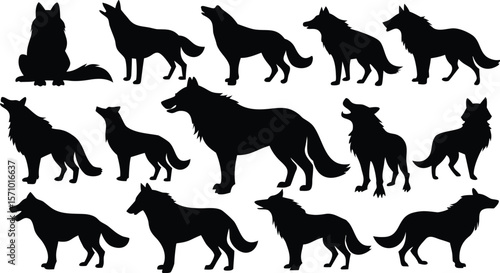 Collection of black wolf silhouettes in various poses and actions against a white background