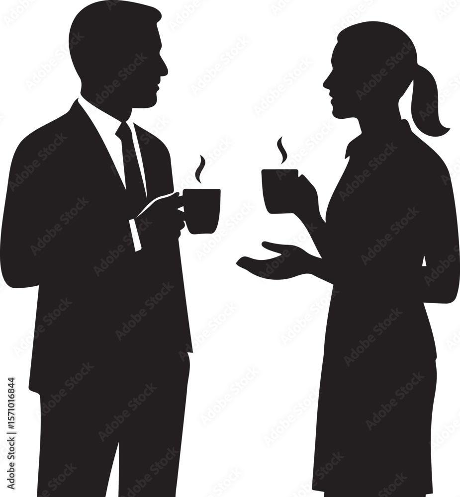 Fototapeta premium Business man and woman having coffee break and casual conversation, office silhouette illustration