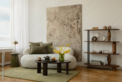 Bild auf Leinwand Minimalist living room with green-toned art, sculptural lamp, cozy white sofa, and a round coffee table with warm-toned decor and eucalyptus branches