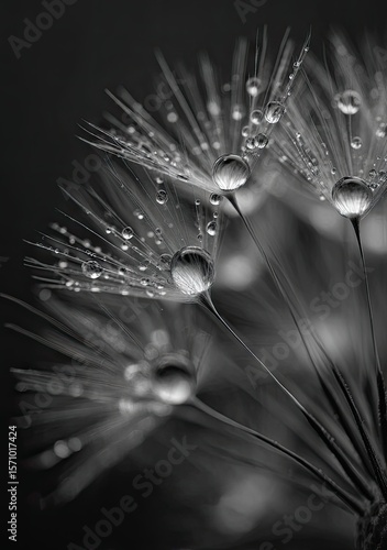 Monochrome close-up of a dandelion seed head, adorned with glistening water droplets on delicate, radiating pappi