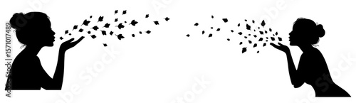 Blowing silhouette art features two girls sending forth leaves against a bright, clean backdrop.