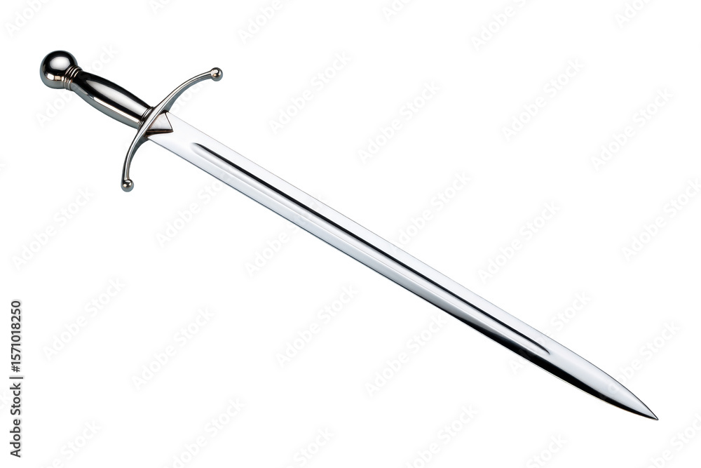Fototapeta premium A sleek, polished metal letter opener resembling a Toledo sword. Ideal for business, history, or decorative themes, highlighting precision and elegance.