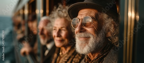 Senior travelers looking out from a train enjoying the beautiful scenery.