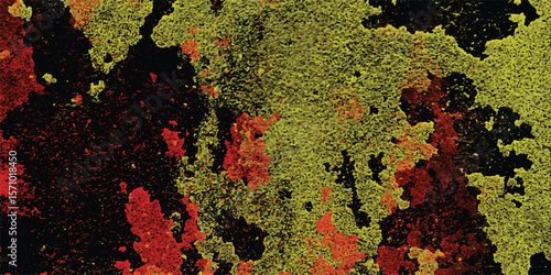 Abstract artistic mosaic featuring layered colorful patches with hues of red yellow and green over a dark black background offering a unique textured design.