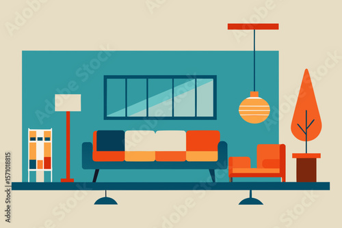 Modern living room interior with a sofa armchair floor lamp and decorative plant