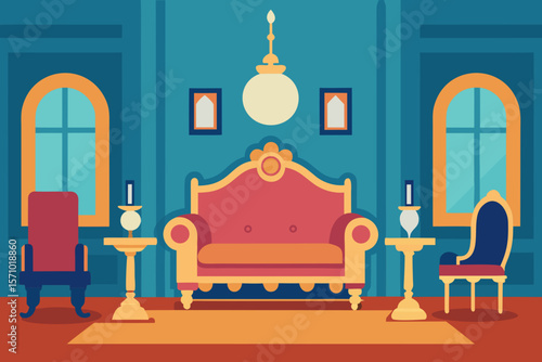 Ornate vintage living room with plush sofa and chairs in a flat design style