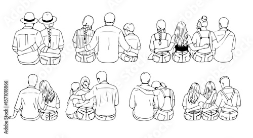 Eight loving couples and families sit together from behind in a monochromatic sketch style, silhouette