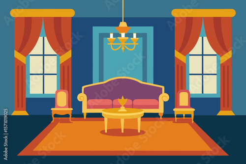 Elegant living room with ornate sofa chandelier and plush rug