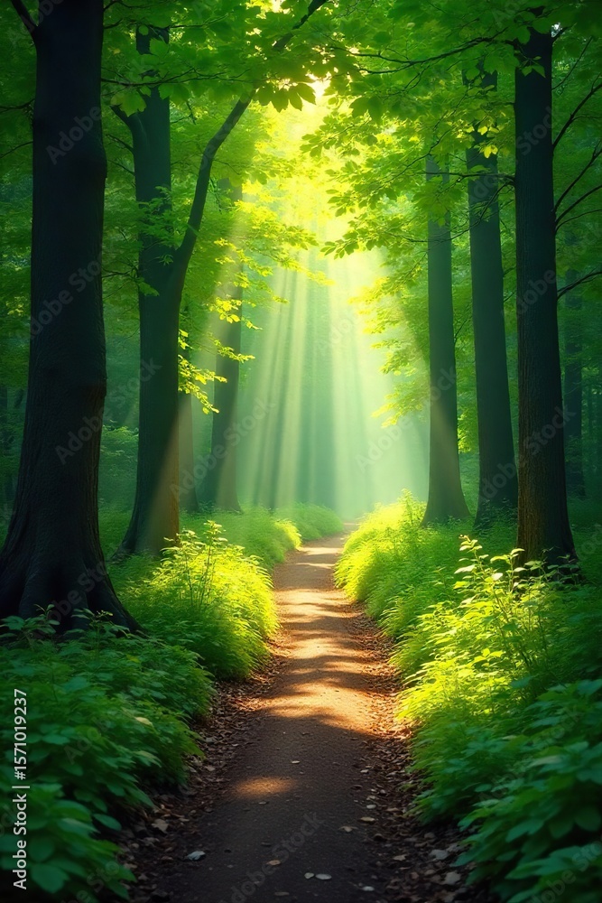 Fototapeta premium Magical Sun-Drenched Forest Path A Winding Journey Through Lush Green Foliage