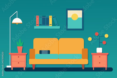 Cozy living room scene with orange sofa side tables lamp and wall art