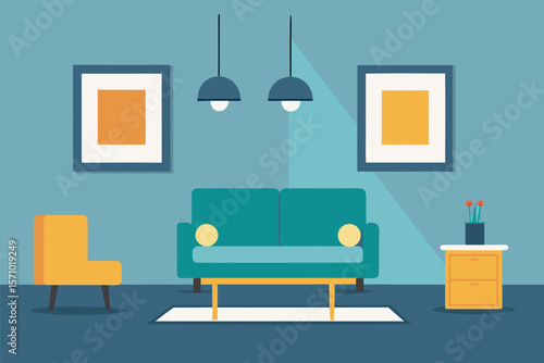 Modern living room with teal sofa yellow armchair and abstract art