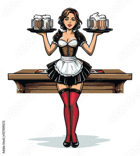 Playful Vector Art of a Waitress with Beer Mugs in a Cheerful Setting