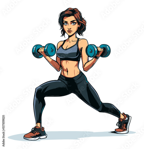 Dynamic Female Athlete Lifting Dumbbells in Fitness Workout Vector Art