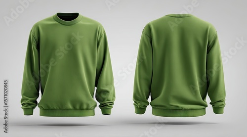 Olive green crewneck sweatshirt shown in front and back views on a light gray background.  Soft, simple design; long sleeves, relaxed fit