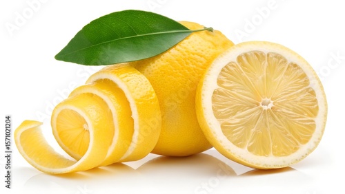 Fresh Juicy Lemon with Leaf and Slices Isolated on White Background