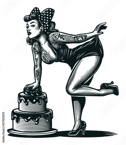 Vintage Style Pin-Up Girl With Cake in Classic Hand-Drawn Illustration