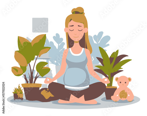 Pregnant Woman Meditating Surrounded by Indoor Plants and a Toy Bear