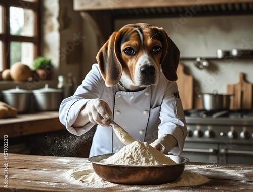 Beagle chef mixing flour in a kitchen, embodying culinary arts and baking with furry charm, showcasing a whimsical anthropomorphic concept.