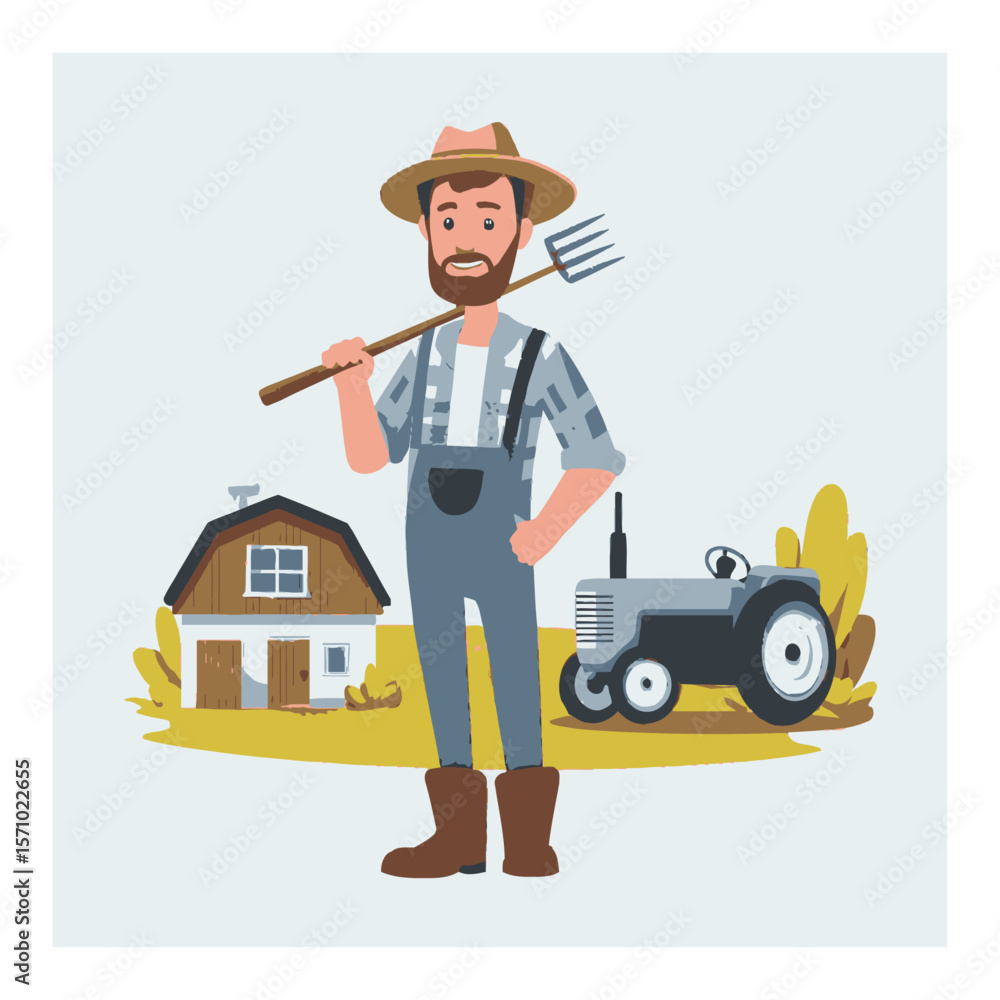 Obraz premium Cartoon Farmer with Tractor and Barn in a Vector Style Illustration