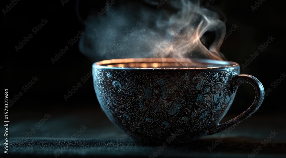 Fototapeta premium Ornate dark teal teacup, steaming, sits on dark surface against black background; low-key lighting