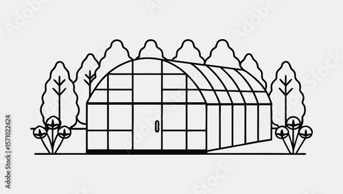 Minimal One Stroke Line Drawing of Green Village House with Garden