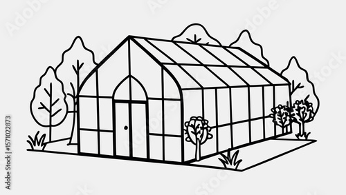 One Line Hand-Drawn Single Line Sketch of Eco Green House with Trees