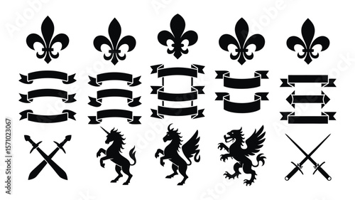 Heraldic Symbols Collection with Fleur-de-lis, Shields, Banners, Winged Unicorns, and Crossed Swords in Bold Black and White Graphic Style, Arranged in Symmetrical Grid Layout.