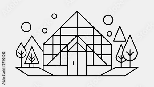 Modern Minimalist Vector Continuous One Line drawing Art of Eco Home with Cubist Garden Design